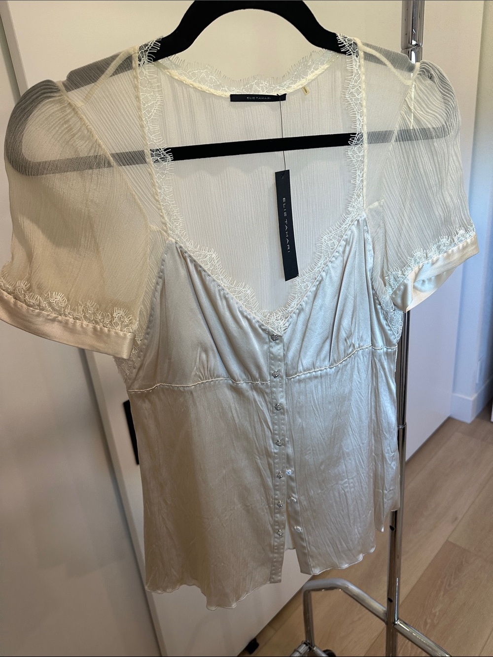 Tahari Cream Lace-Trim Satin Button-Front Camisole Top